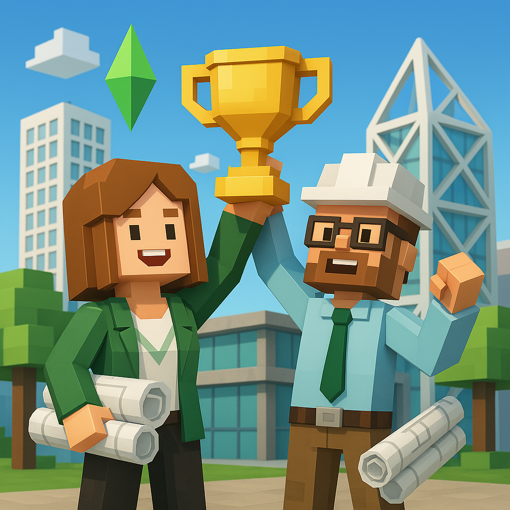 dwie postaci wznoszace puchar, grafika w stylu gry minecraft